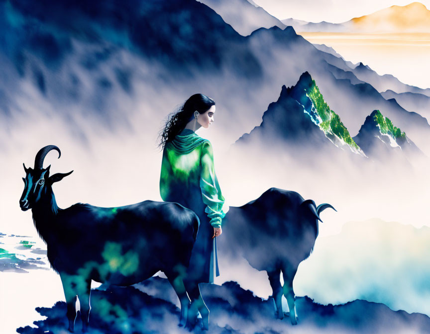 Woman with two goats in misty mountain sunrise or sunset