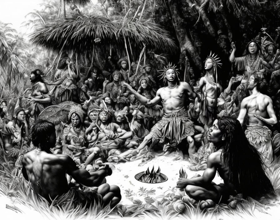 Monochrome illustration: Indigenous tribe gathering around fire