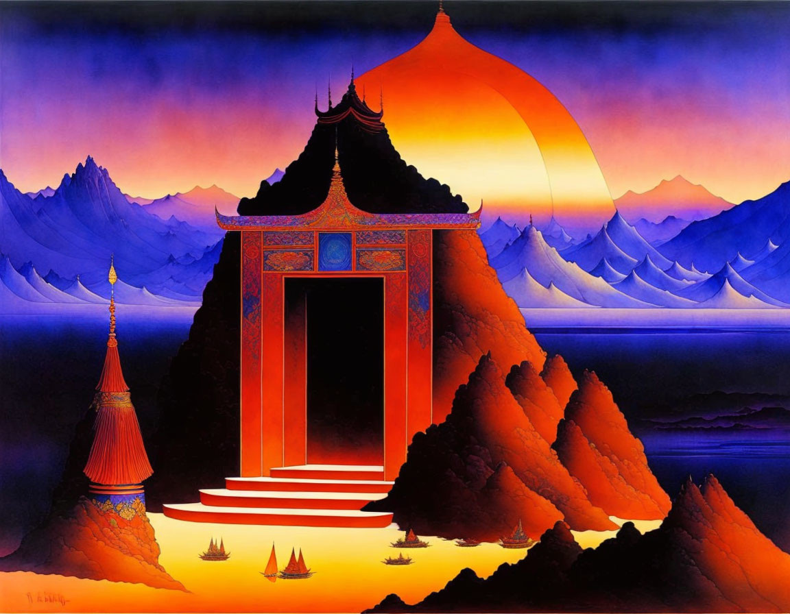 Colorful Asian temple gateway with red sun, mountains, calm waters.