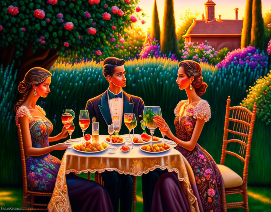 Outdoor Dinner Scene: Two Women and Man Toasting in Lush Garden at Sunset