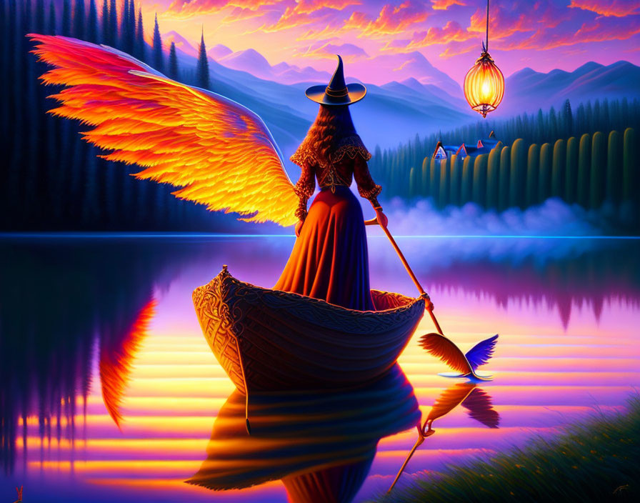 Mystical figure with fiery wings on boat at sunset lake