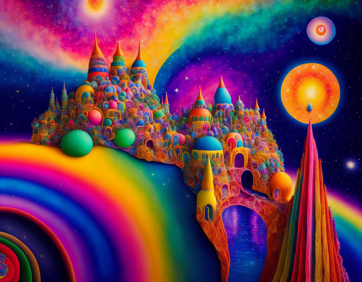 Colorful psychedelic landscape with whimsical castle and swirling galaxies