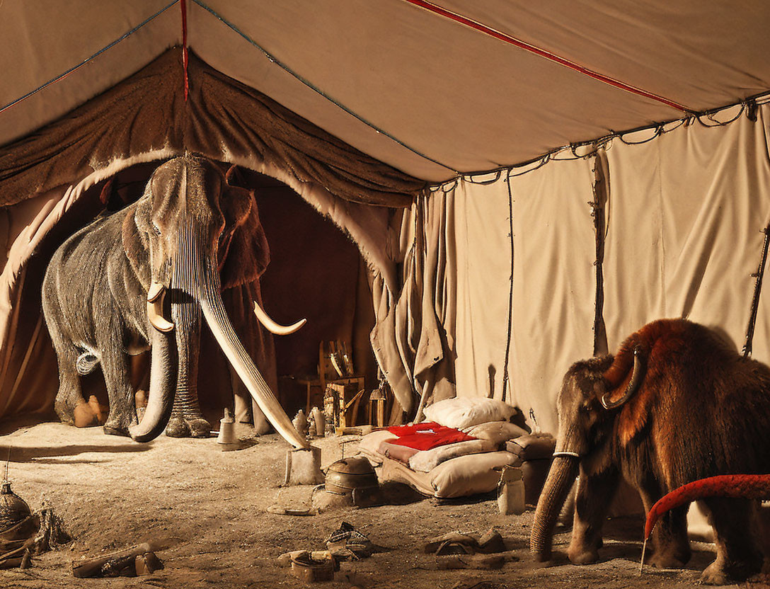 Prehistoric scene with mammoth, tusks, tent, and artifacts