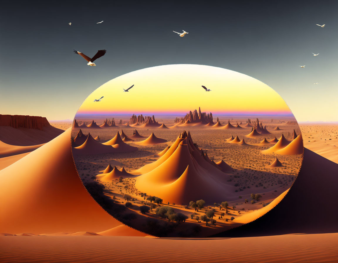 Circular desert panorama: sand dunes, sparse vegetation, birds in golden hour