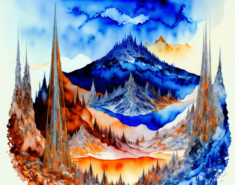 Blue and Orange Watercolor Landscape with Jagged Peaks and Wispy Clouds