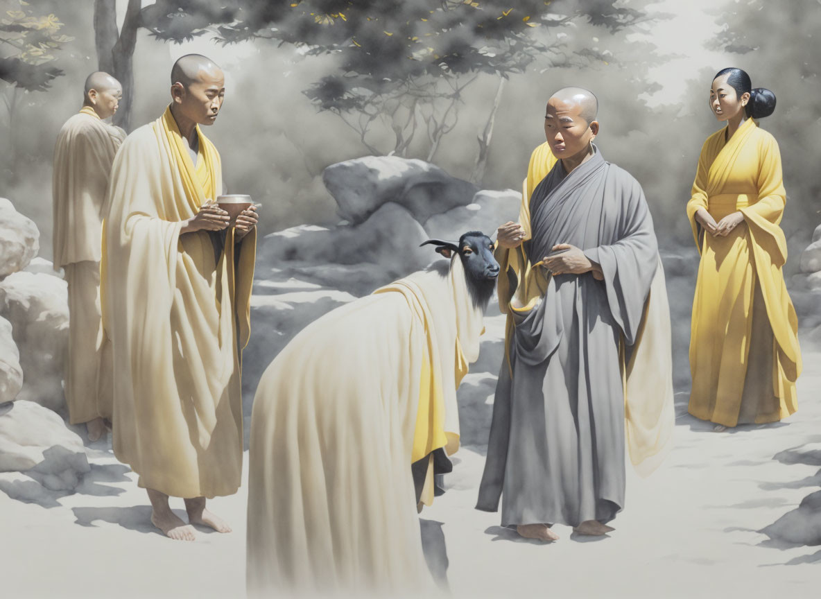 Four Monks in Yellow and Gray Robes with Sutra Interact with Goat among Rocks and Trees