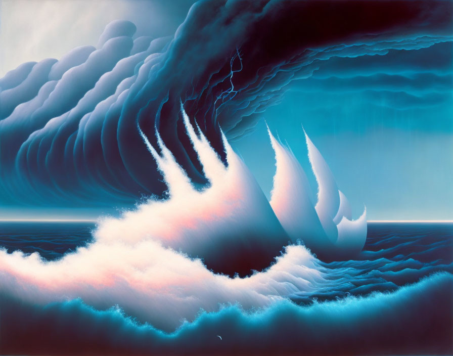 Surreal ocean painting with stormy waves, ship, and lightning.