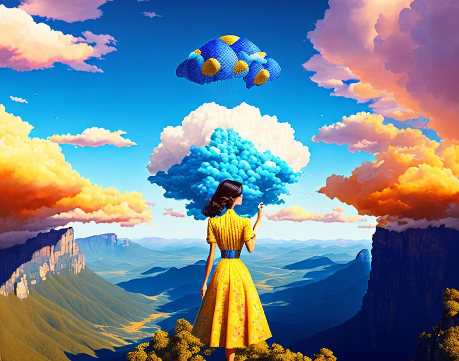 Woman in yellow dress on cliff points at fantasy sky with colorful clouds and flying fish airships