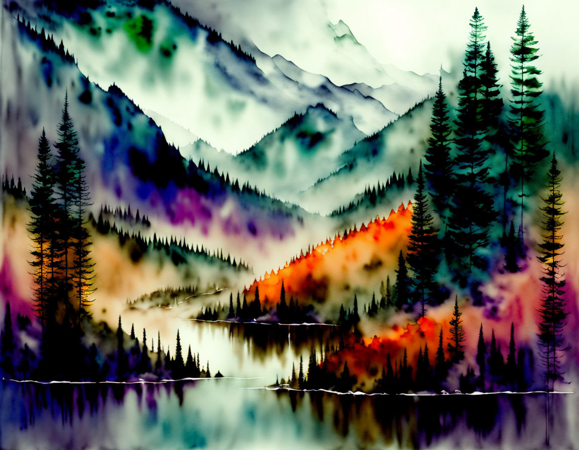 Vibrant digital artwork: mountain landscape with mist, evergreen trees, serene lake