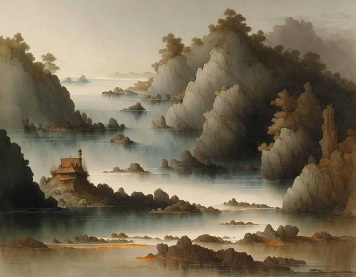 Tranquil landscape painting: calm lake, rocky outcrops, traditional pavilion, misty