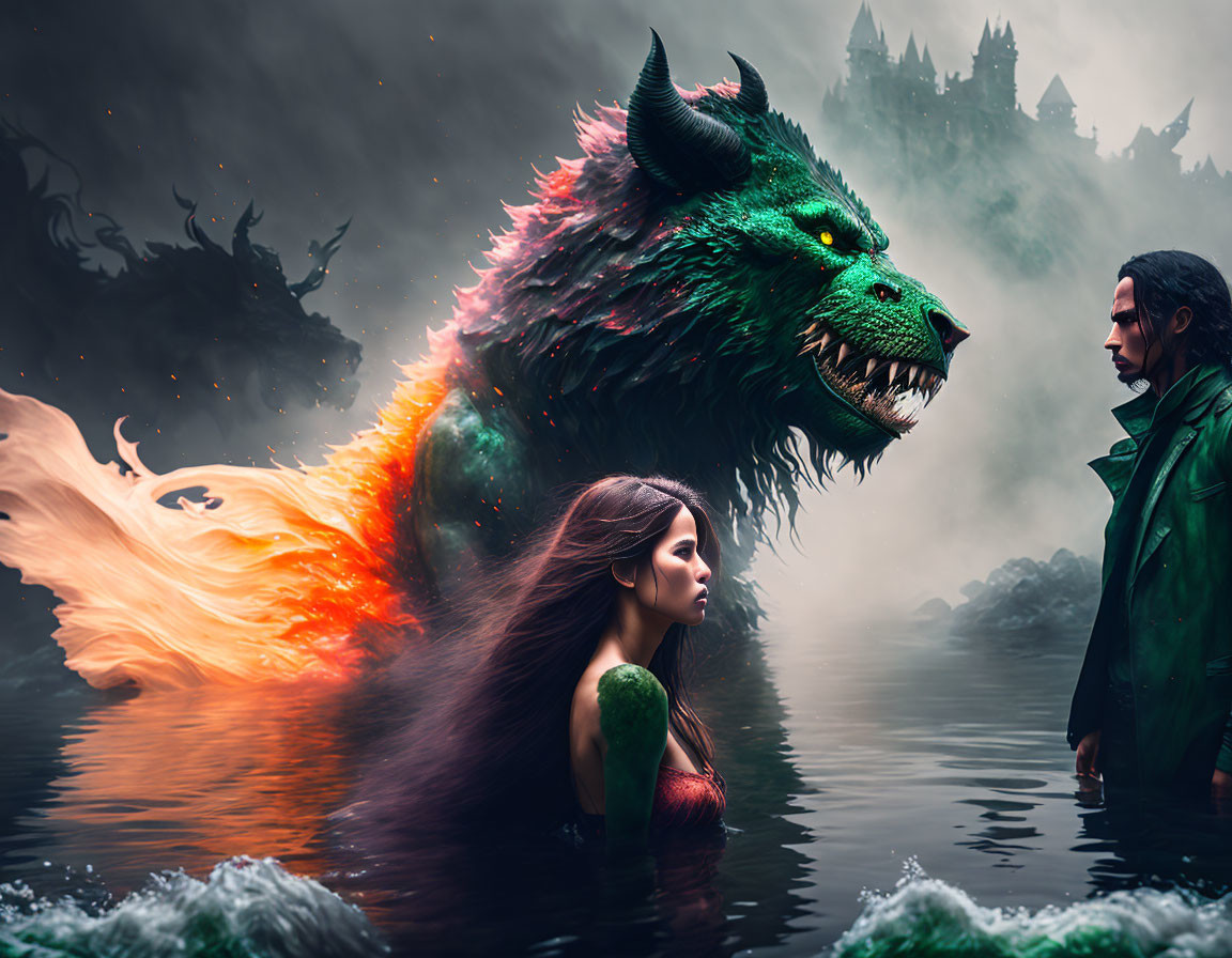 Colorful wolf, mermaid, and man in mystical scene with castle.