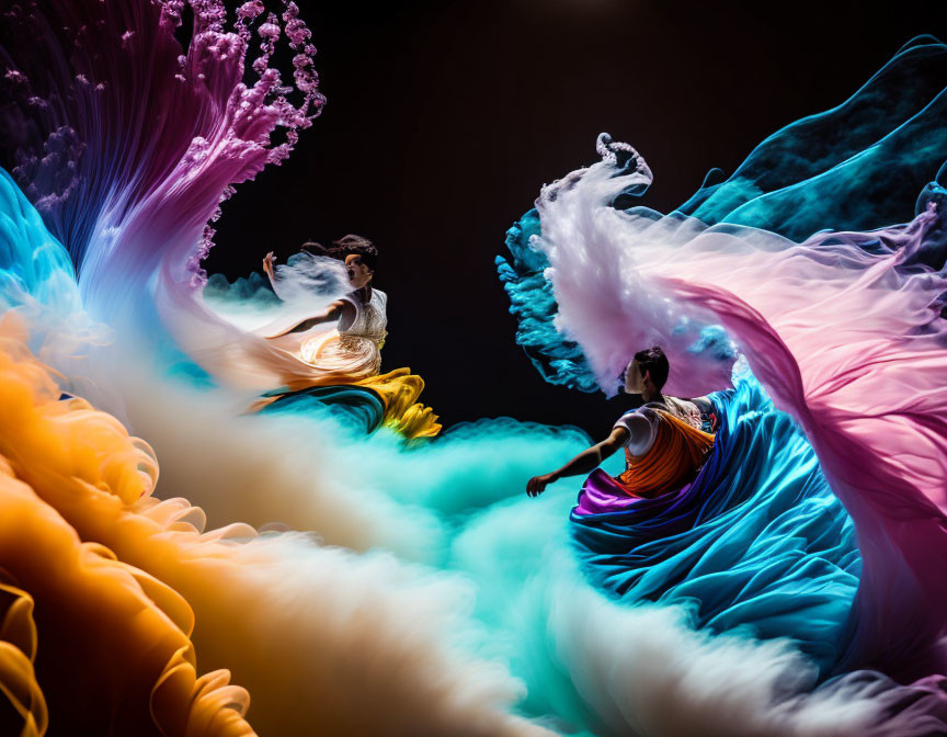 Vibrant dancers in flowing dresses with colorful dust clouds