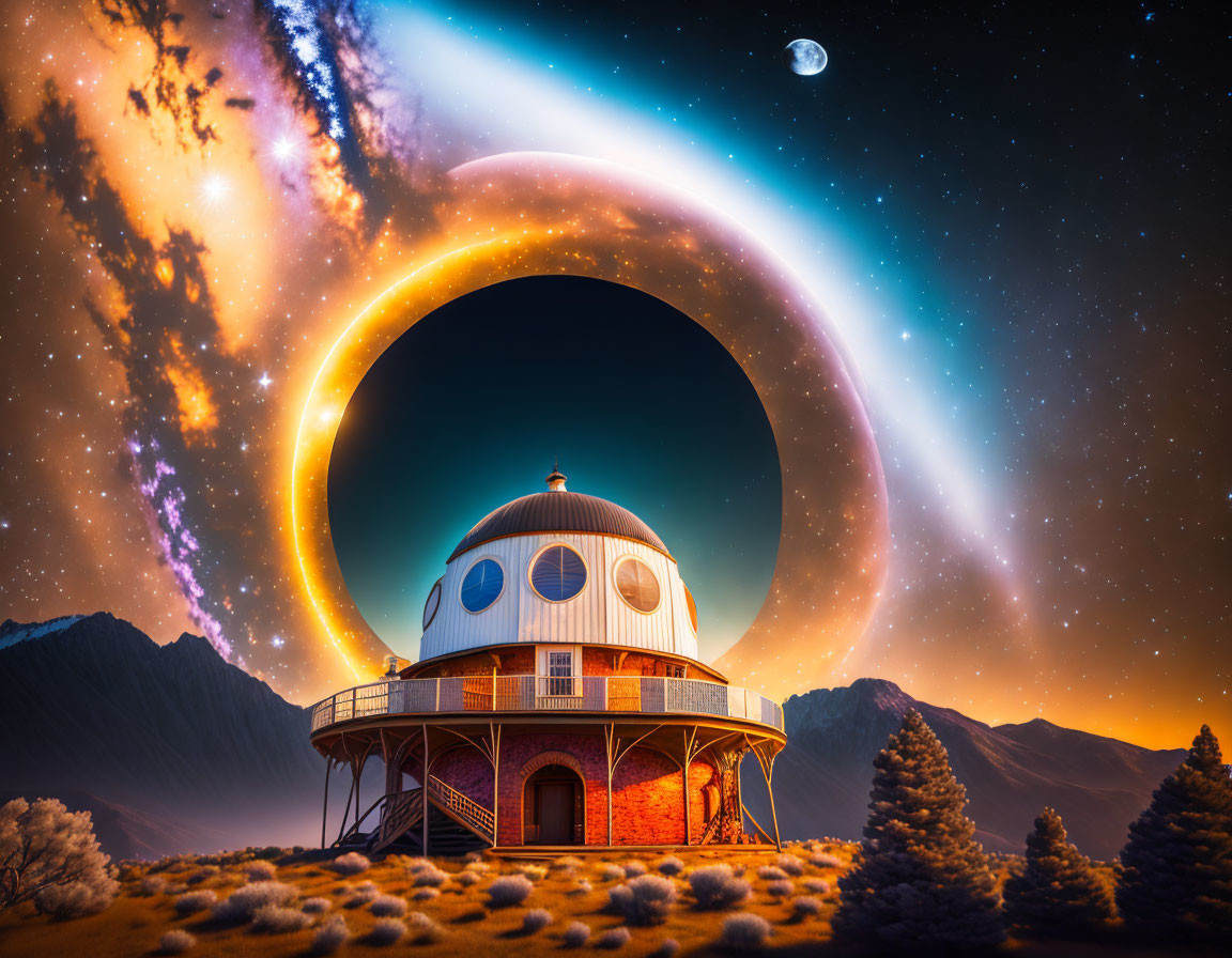 Surreal landscape featuring observatory, starry sky, Saturn-like celestial body, mountains, and