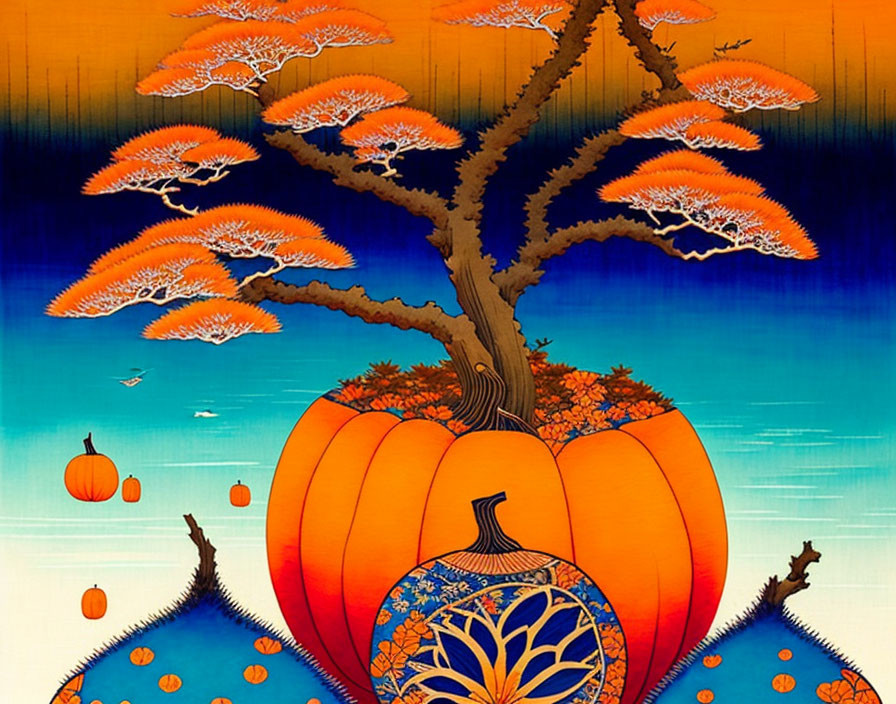 Colorful Tree and Pumpkin Artwork on Vibrant Background