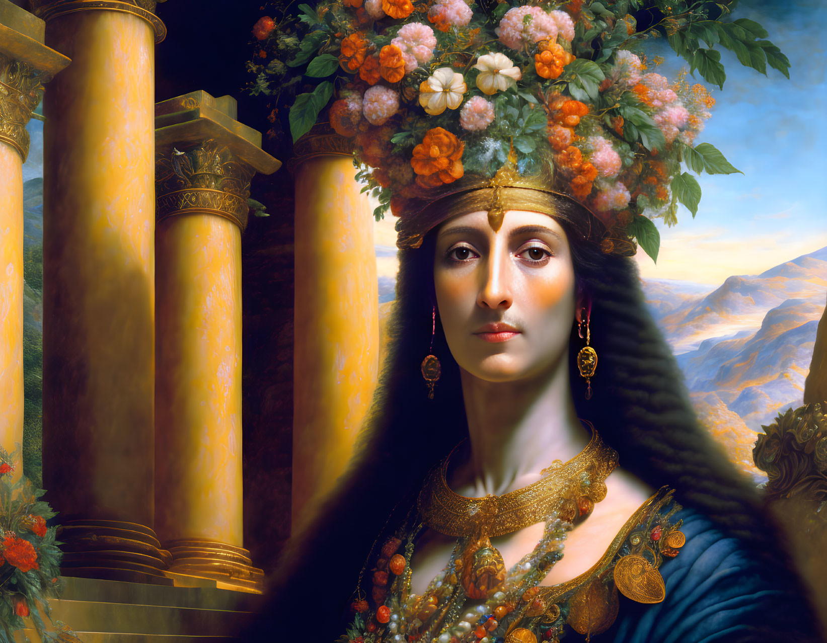 Classical painting of woman with floral headdress and regal expression