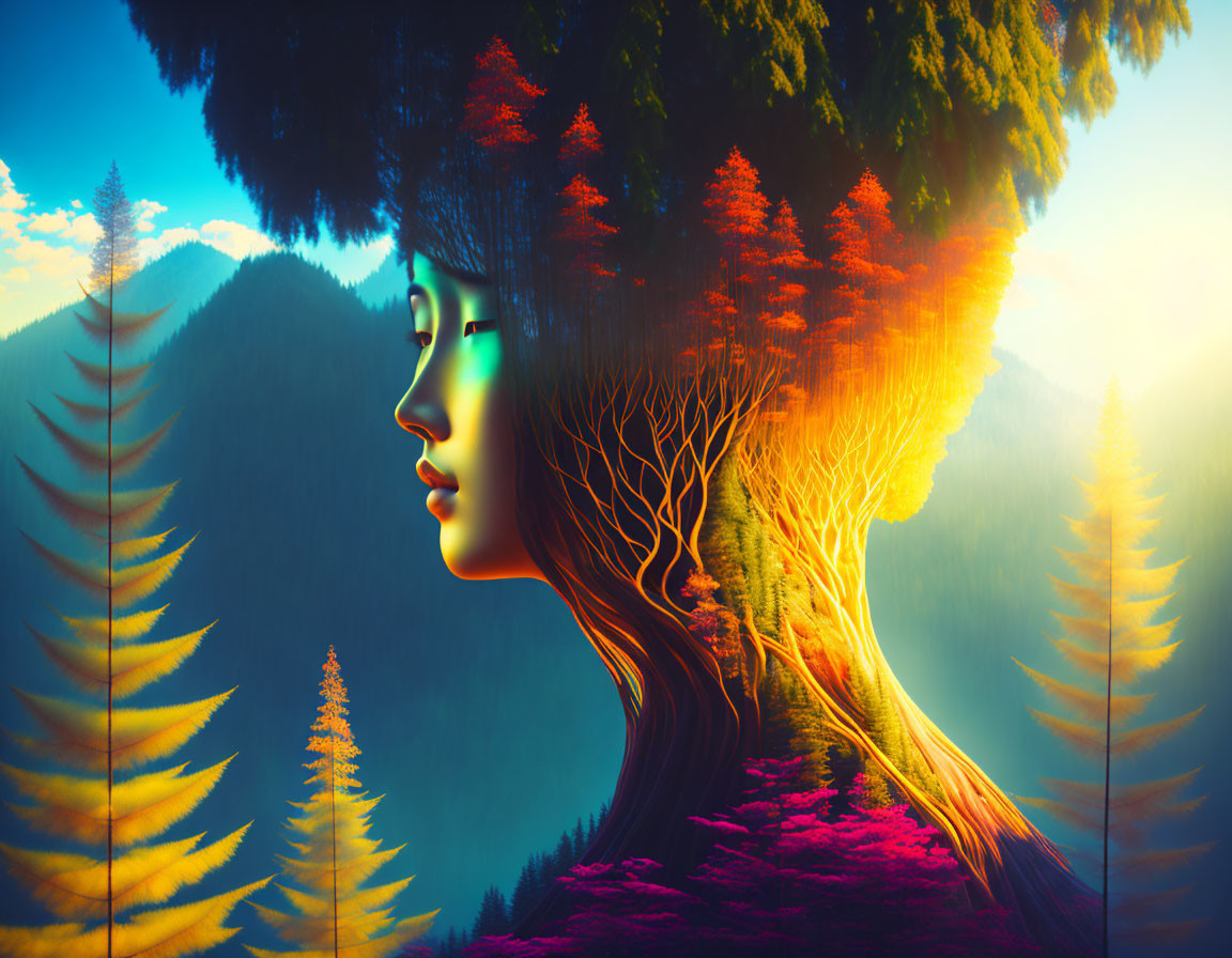 Composite artwork: Woman's profile merges with forest and sunset