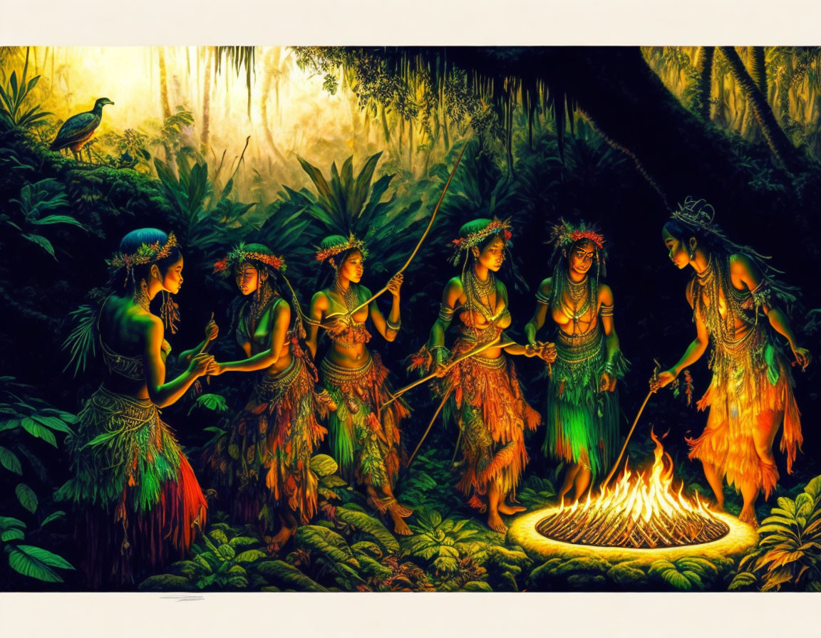 Colorful tribal dance scene in jungle with peacock observation