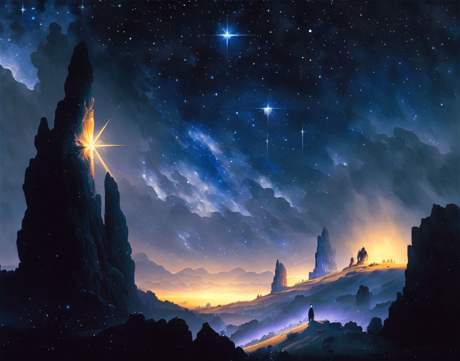 Majestic night sky digital painting with stars, nebulae, rocky spires, glowing horizon