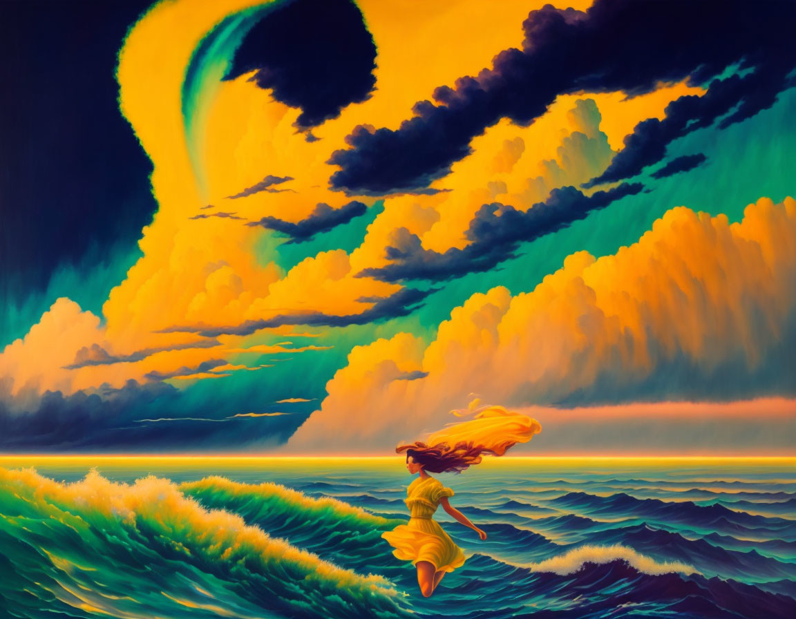 Colorful painting of woman leaping over blue waves with orange and teal sky