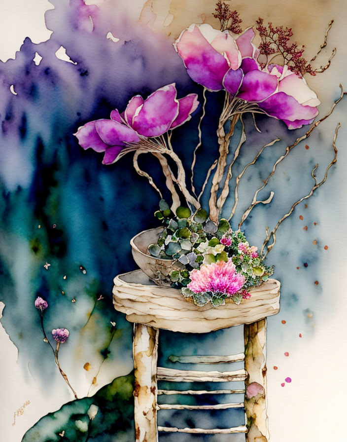 Rustic wooden stool with pink flowers in watercolor