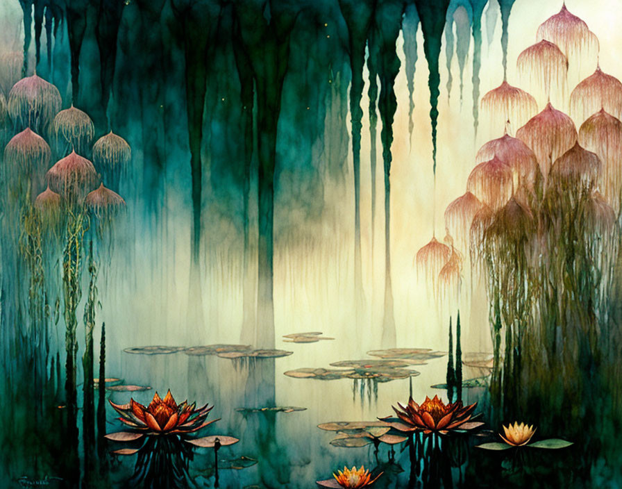 Ethereal underwater scene with jellyfish-like plants and lily pads