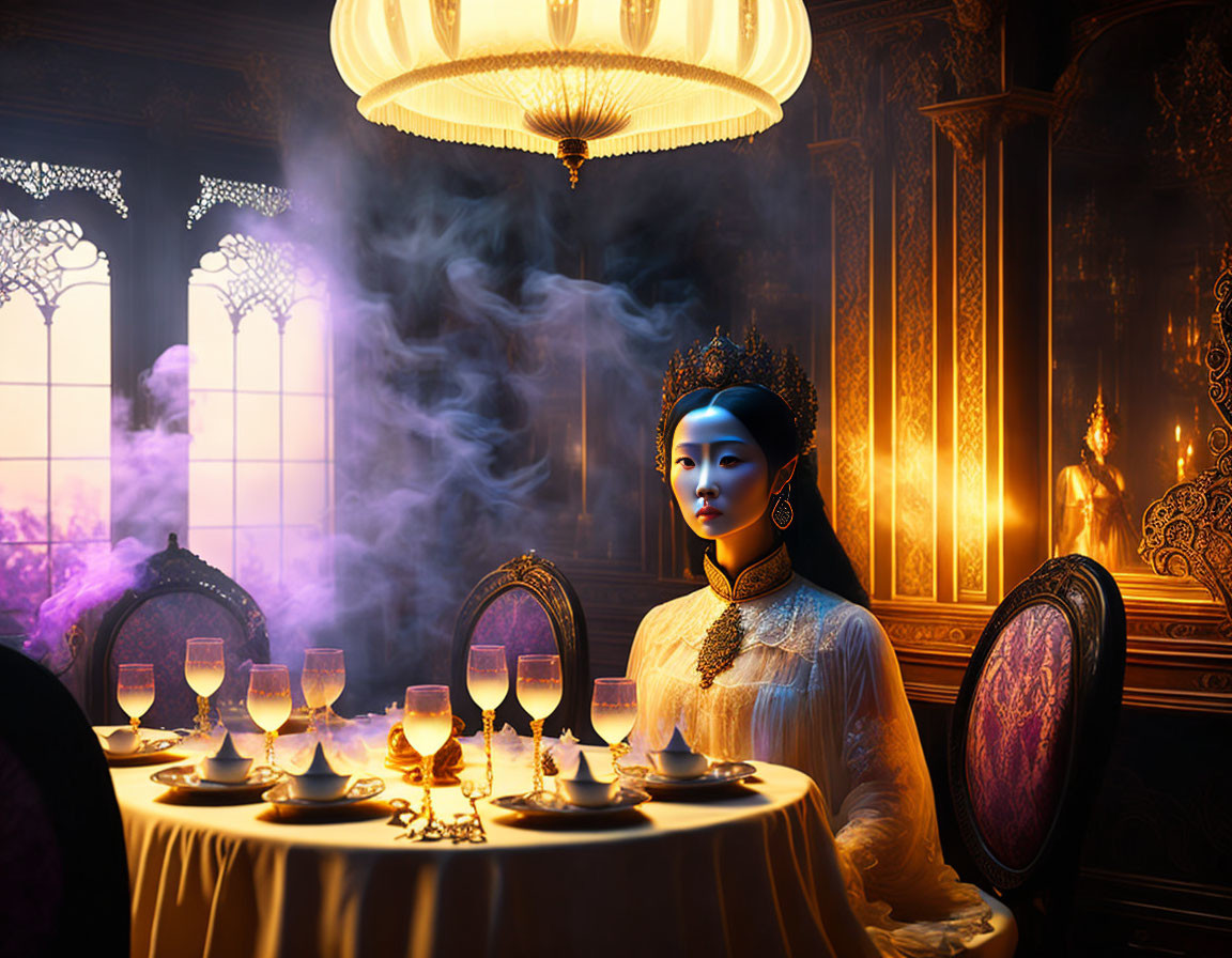 Woman in Blue Headdress at Grand Dinner Table with Candles and Chandelier