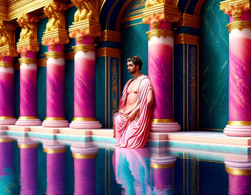 Digital artwork of serene man on throne in opulent hall with pink marble columns.