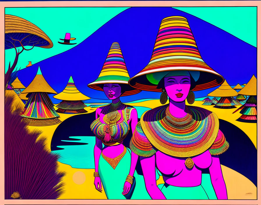 Stylized women in colorful clothing and large hats against vibrant sky