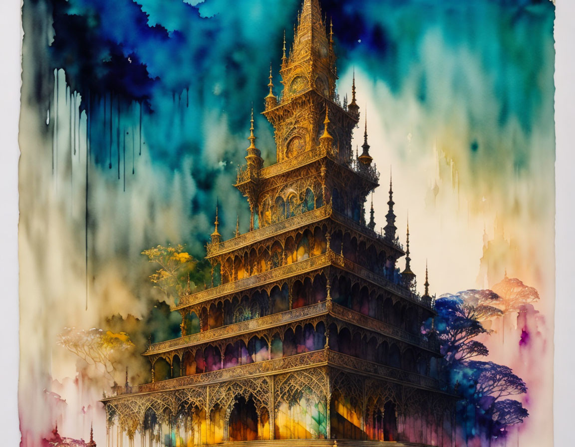 Elaborate multi-tiered structure with dripping paint effect in blue, green, and yellow.