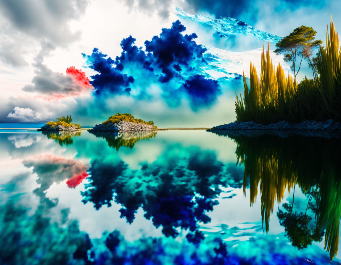 Colorful Cloud-Shaped Tree Canopies in Surreal Landscape