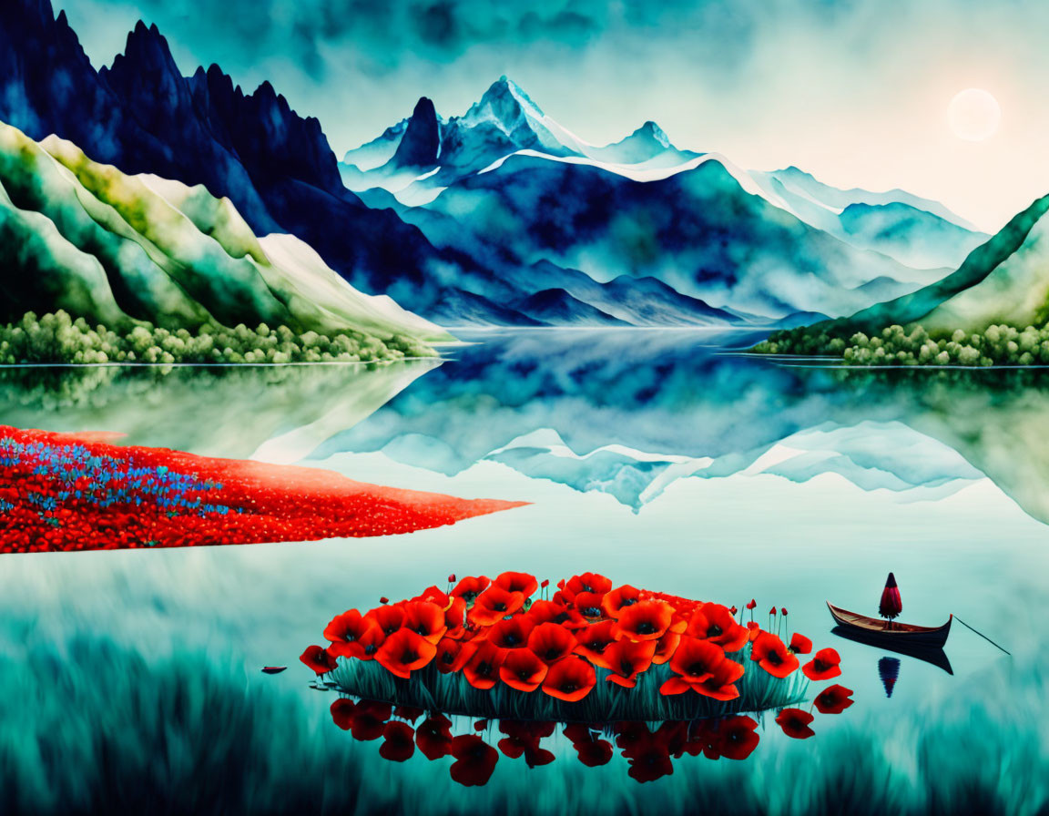 Tranquil landscape with lake, mountains, poppy field, and sunrise