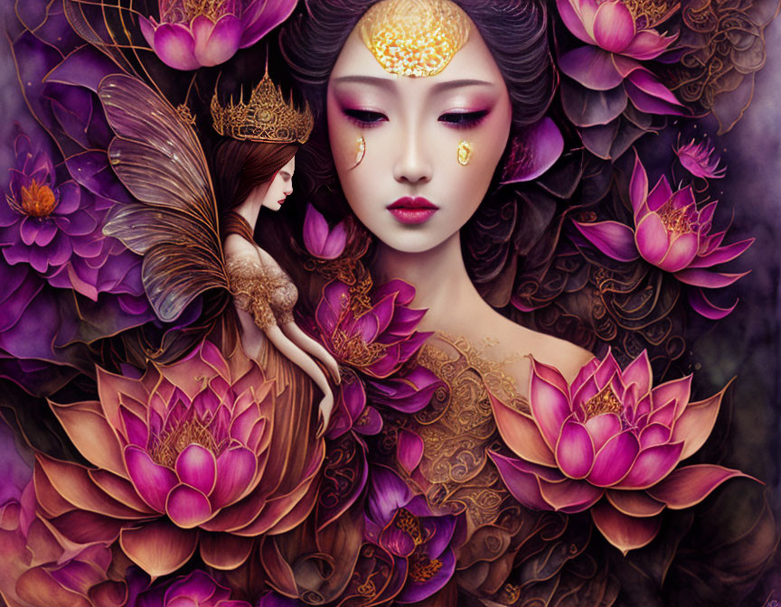 Regal woman with crown in purple lotus setting and fairy on shoulder