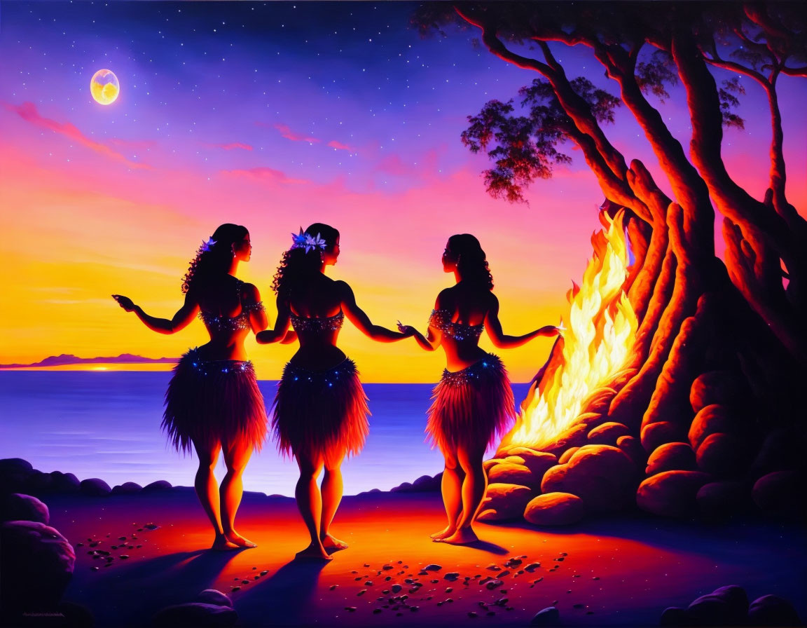 Three individuals dancing by beachside fire under starry sky with tree silhouette and full moon