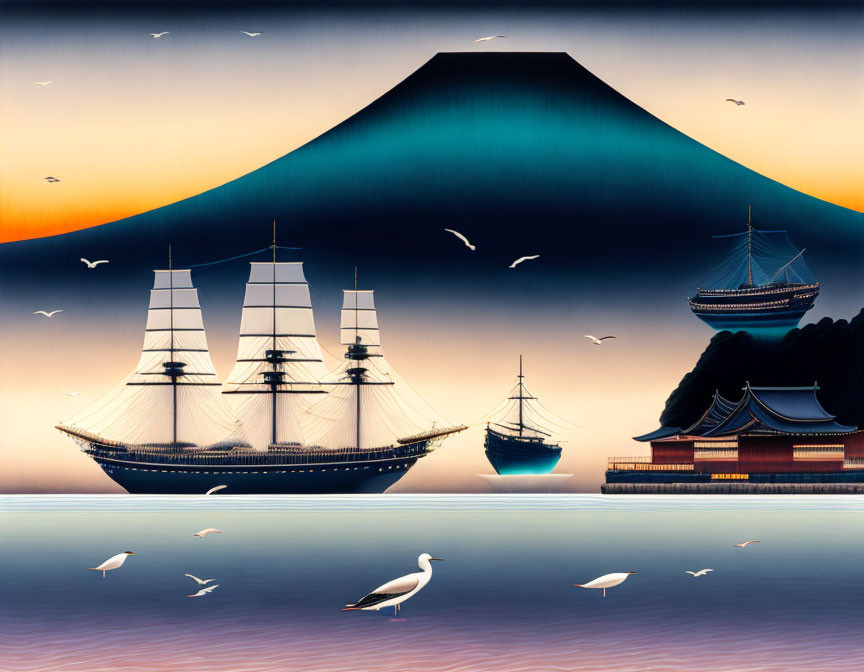 Sailing ships at dusk with Mount Fuji, seabirds, and gradient sky