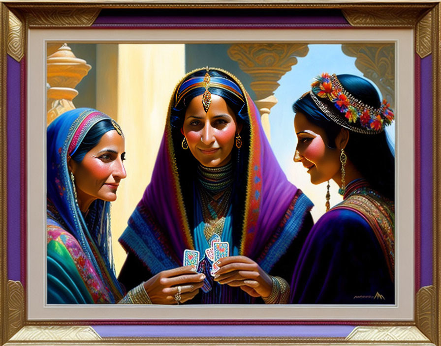 Three women in colorful South Asian attire playing cards