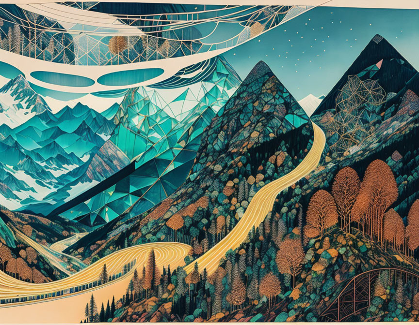 Geometric mountains, forest road, bridge, and abstract sky patterns.