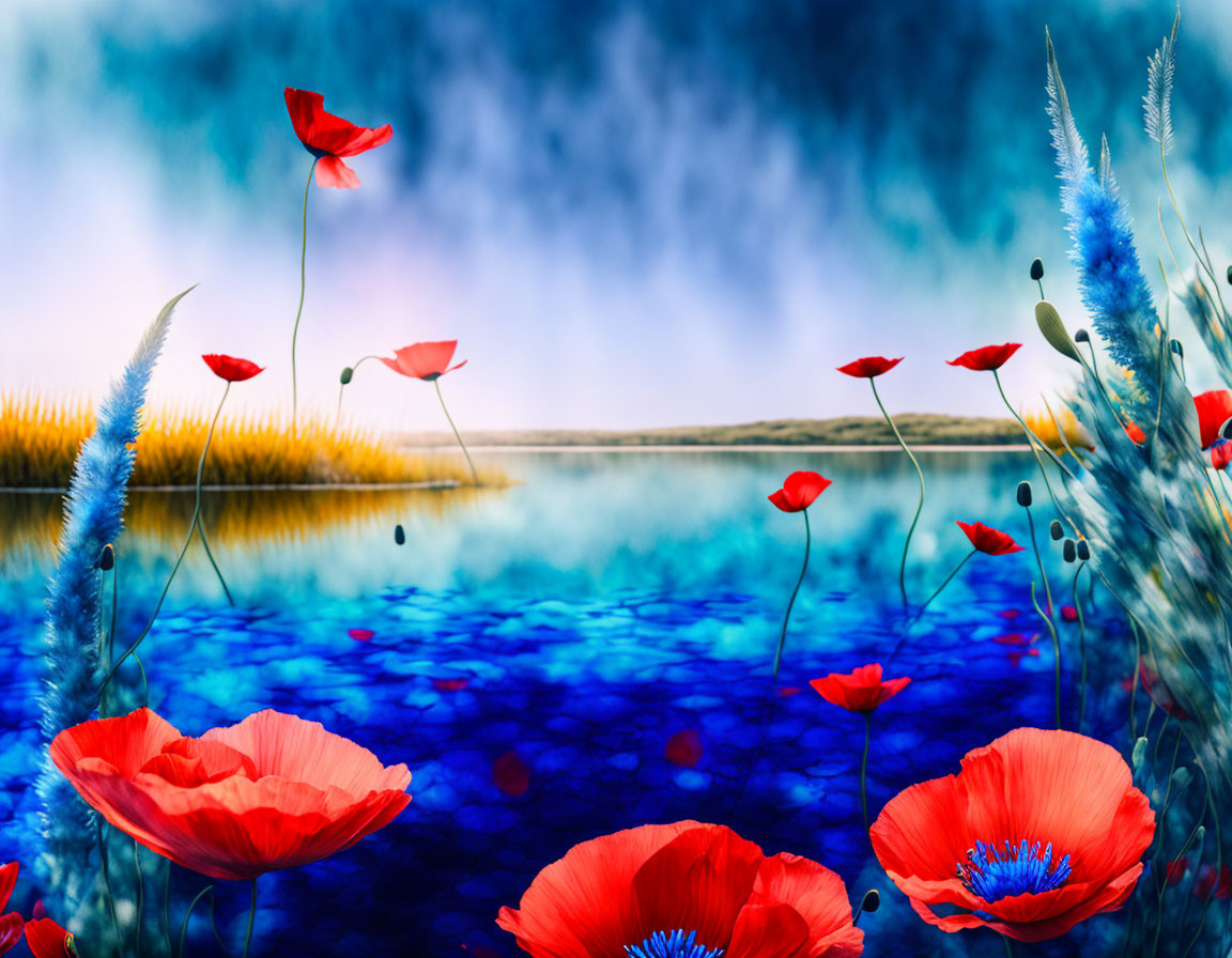 Vivid landscape with red poppies, blue lake, and dramatic sky