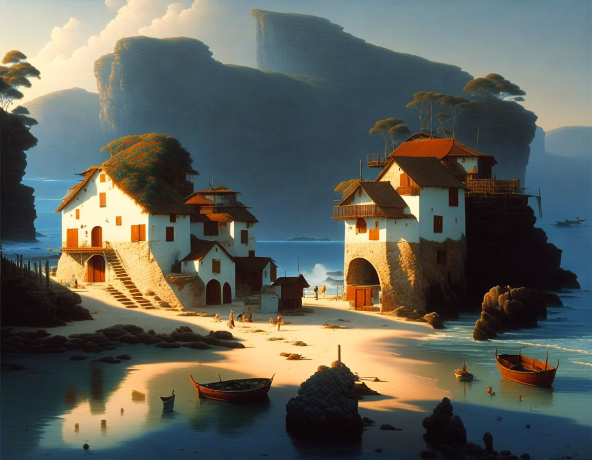 Traditional Seaside Village with Cliffs and Boats at Sunset