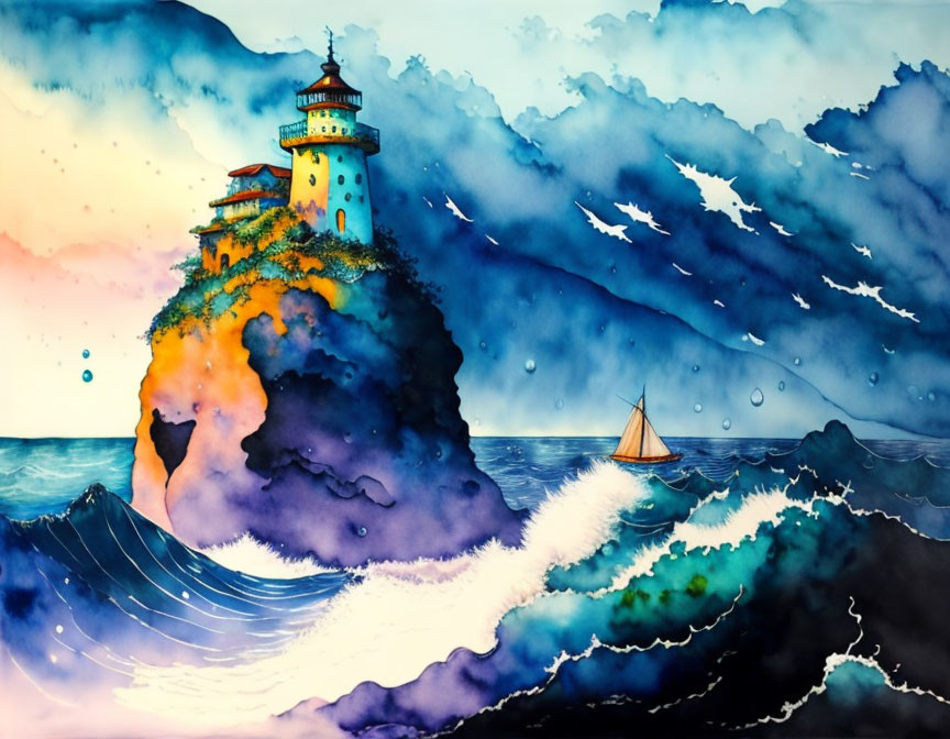 Lighthouse watercolor painting: stormy sea, sailboat, dramatic sky