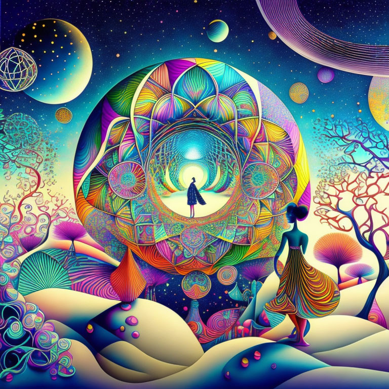 Colorful psychedelic illustration: Two figures in abstract landscape