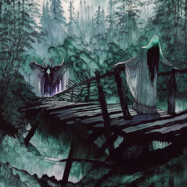 Person with Green Hair on Dilapidated Bridge in Misty Forest with Shadowy Creature