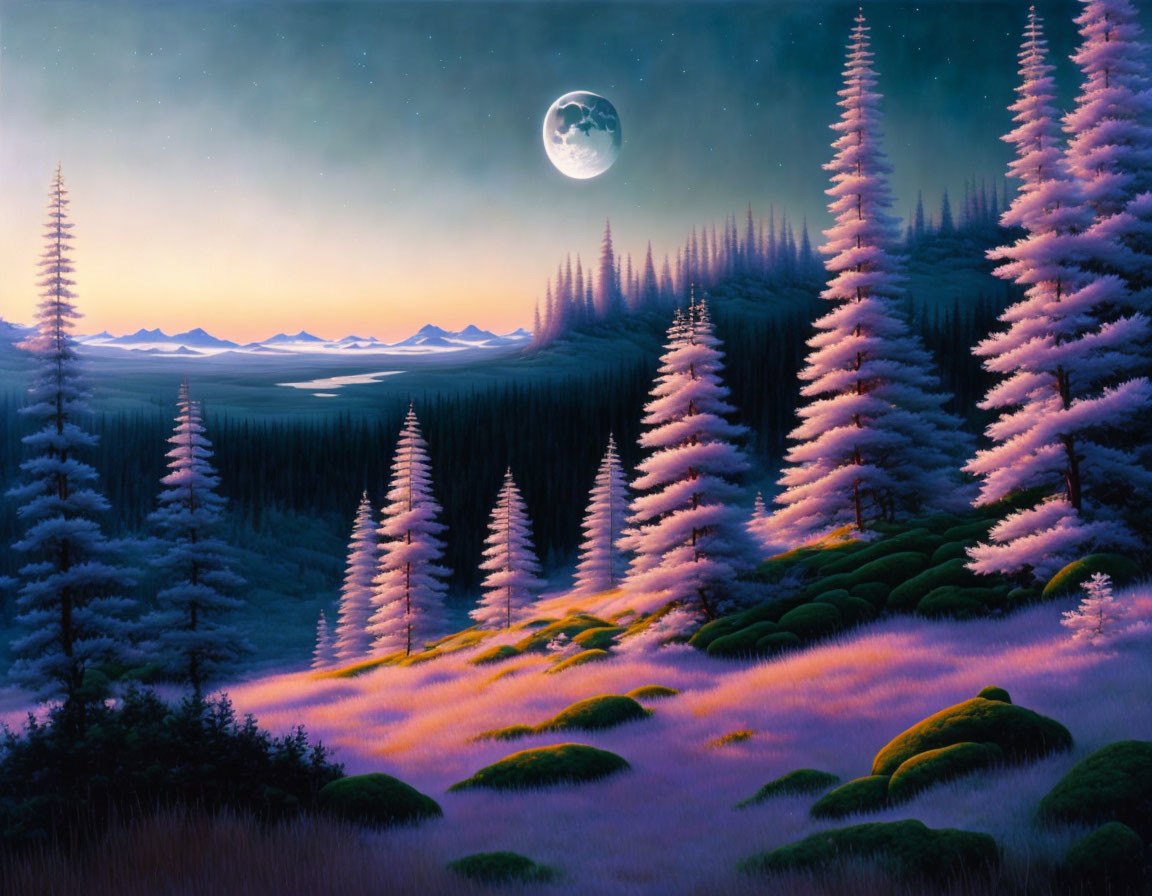 Tranquil Twilight Scene: Coniferous Trees, Full Moon, Purple Flowers