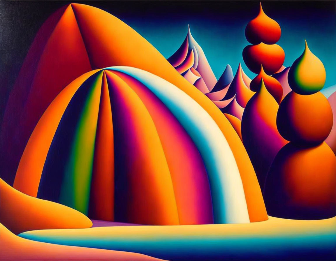 Vibrant surreal landscape with rainbow-striped hills and stylized trees