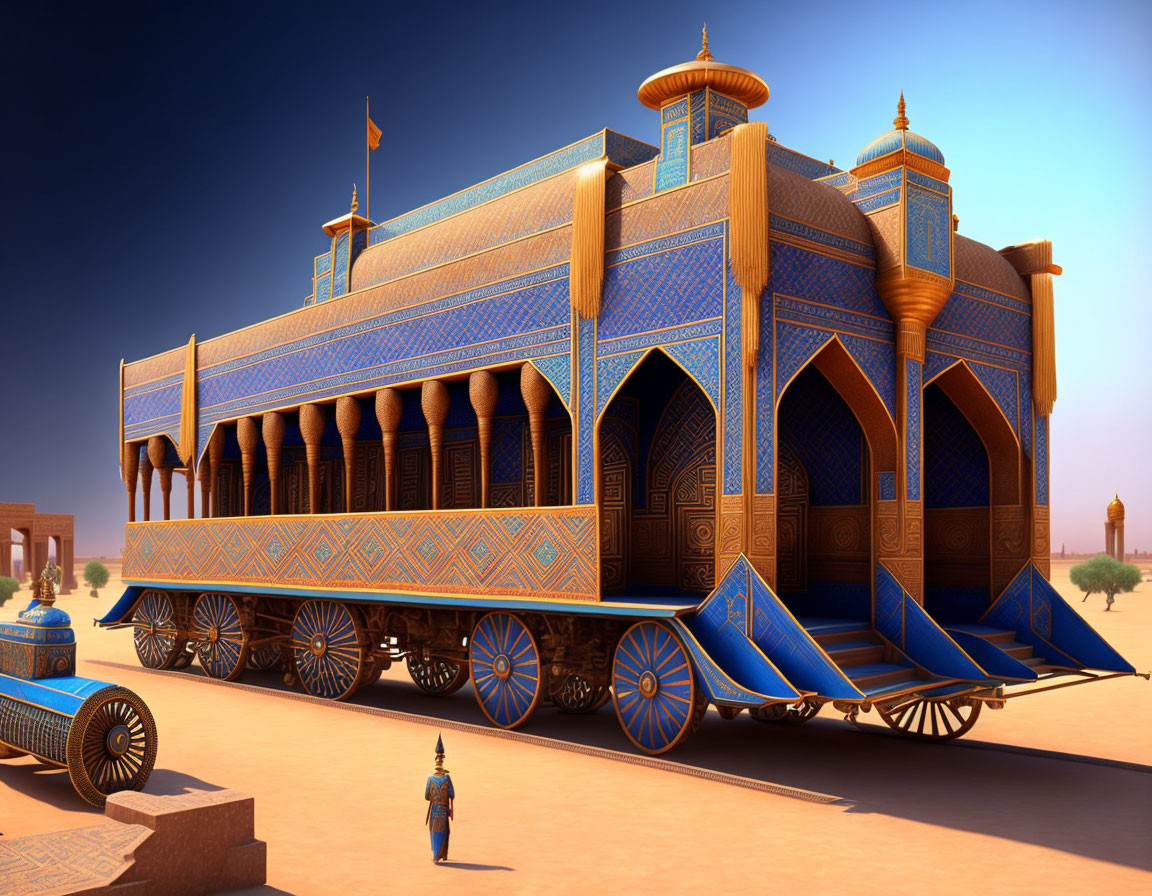 Ornate blue and orange mobile palace illustration in desert landscape