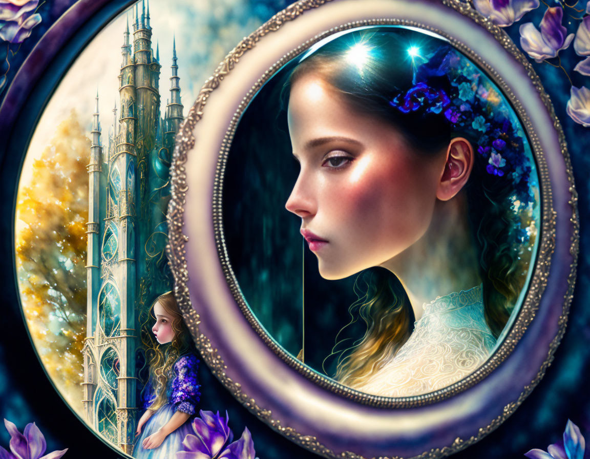 Fantasy artwork: Woman with radiant crown in ornate oval, dreamy castle in autumnal landscape