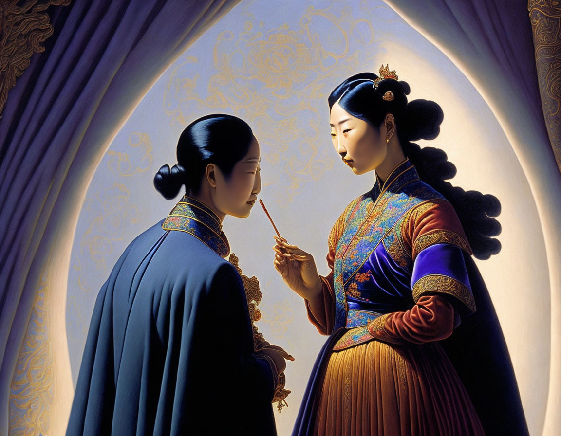 Two Women in Traditional Chinese Attire with Writing Brush and Elegant Drapery