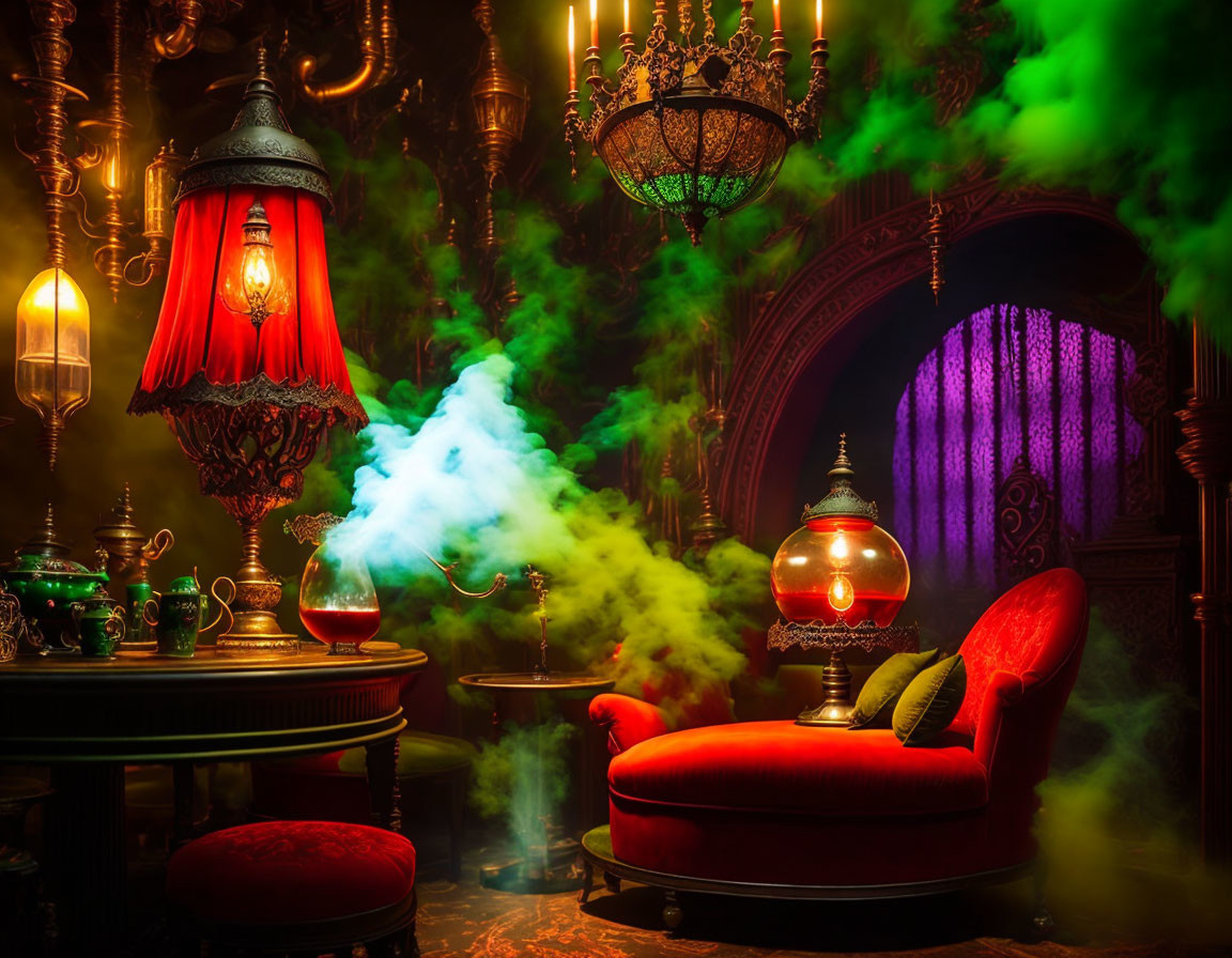 Mystical room with red chaise lounge, ornate lamps, green smoke, and Moorish