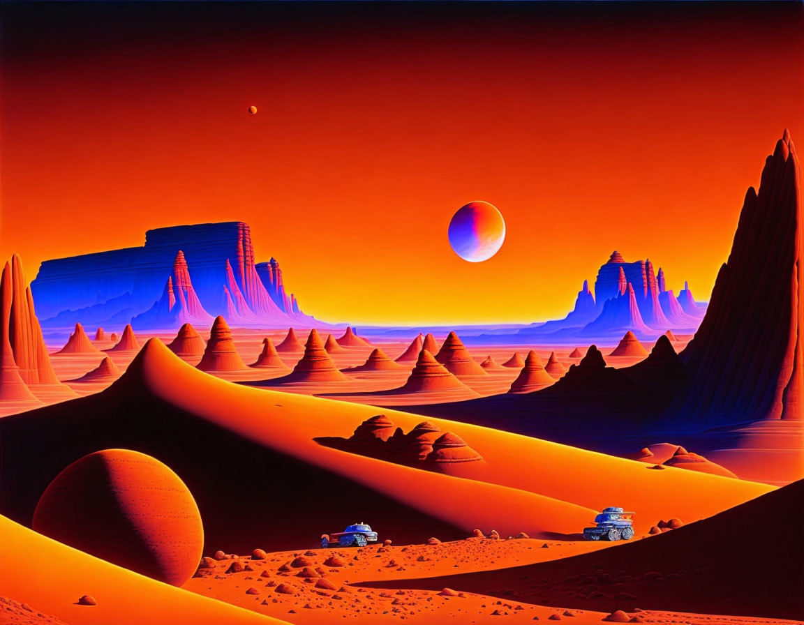 Surreal desert landscape with multiple suns and futuristic vehicles