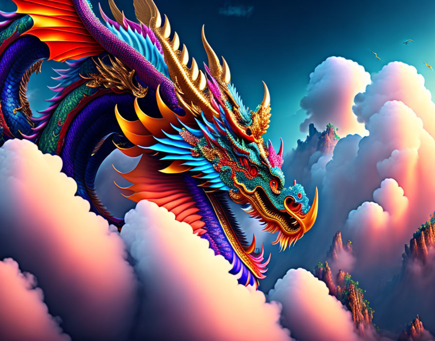 Colorful Dragon Soaring in Sunset Sky with Clouds