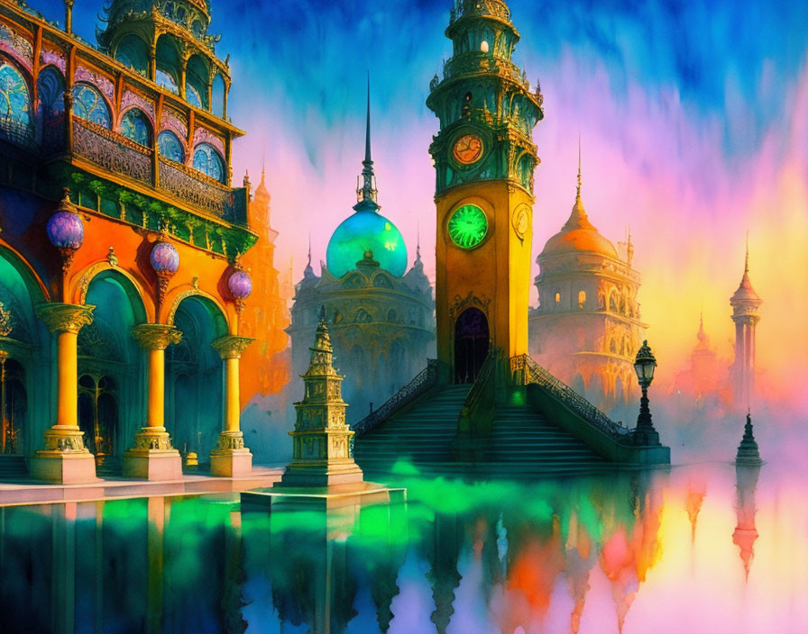 Colorful, ornate cityscape with clock tower and water reflections